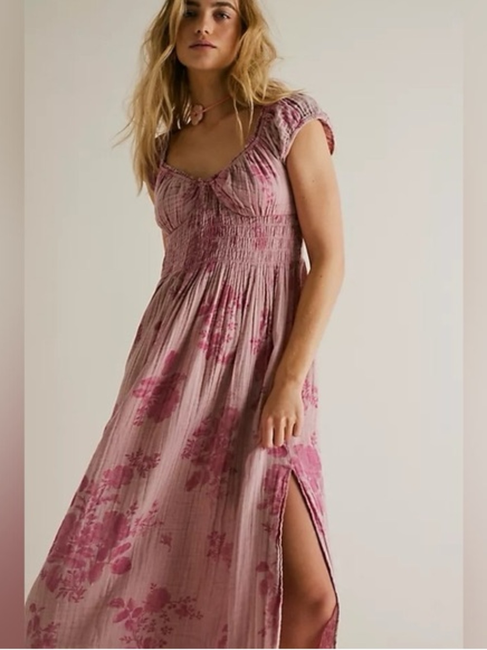 Free People Forget Me Not MIDI Mauve Floral Dress with Cap Sleeves